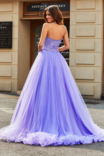 Splendida linea senza spalline lilla abito lungo da ballo con perline
